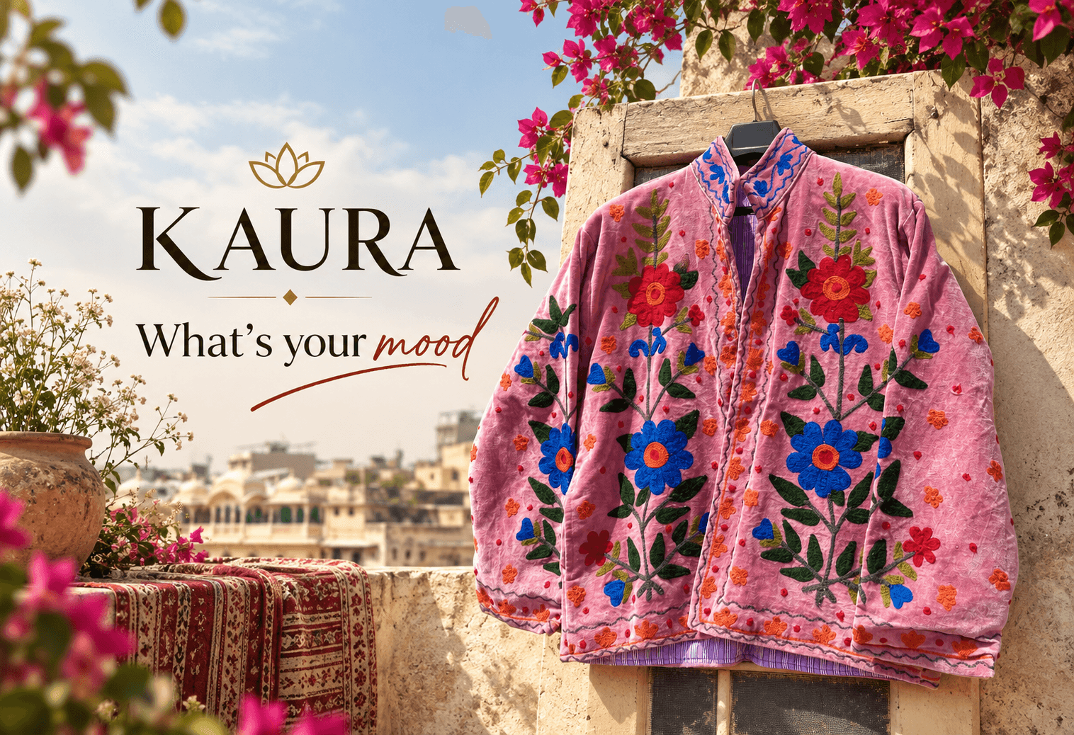 Kaura hand-embroidered garments styled against a Jaipur courtyard backdrop